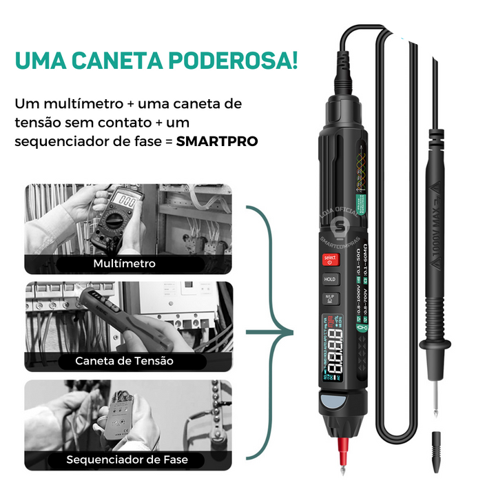 Multímetro Caneta 3 em 1 True-Rms SmartPro - Frete Grátis + Kit Ponteiras Intercambiáveis