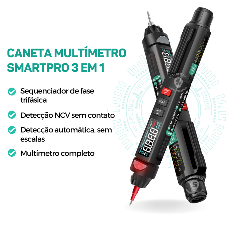 Multímetro Caneta 3 em 1 True-Rms SmartPro - Frete Grátis + Kit Ponteiras Intercambiáveis